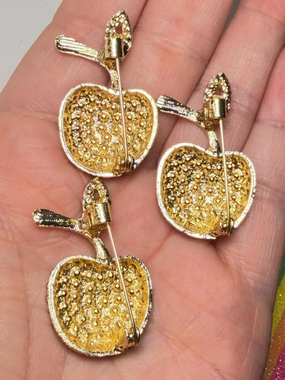 Apple Rhinestone Brooch Modern Pin Lot Gold Tone Fruit Set of 3